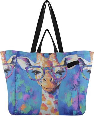 Generic Giraffe Purple pattern Reusable Canvas Tote Bag, Heavy Duty Grocery Shopping Bag with Hard Bottom Double Handles Large Capacity Work Groceries Travel