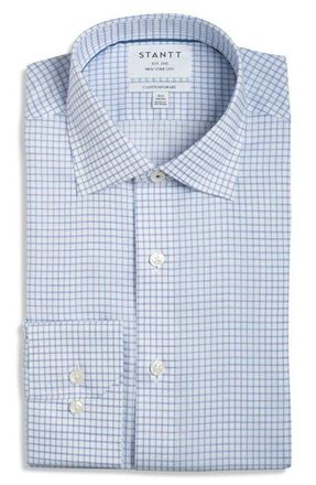 Stantt Contemporary Fit Check Wrinkle Resistant Cotton Dress Shirt in Navy/White at Nordstrom, Size 17 - 36