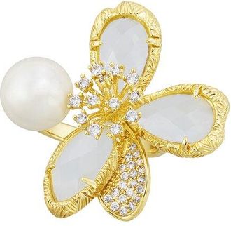 Savvy Cie Jewels 18K Plated 9-10Mm Pearl Cz Flower Ring