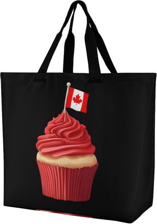 Generic Cupcake with Canada Flag Large Reusable Shopping Bag Lightweight Foldable Tote Bags Washable Shoulder Handbag