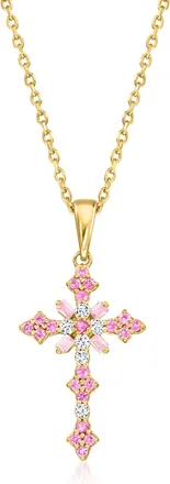 Ross-Simons Pink Sapphire Cross Pendant Necklace With Diamonds in 18kt Gold Over Sterling