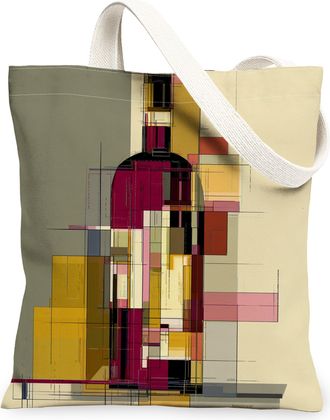 Generic Abstract Bottle Canvas Tote Bags, Colorful Geometric Pattern Reusable Grocery Bags, Lightweight Washable Shoulder Strap Can, Beige, 13x15 Inch