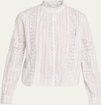 LoveShackFancy Lal Embroidered Button-Front Top