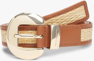 Tommy Hilfiger Womens Circle Buckle Leather & Raffia Belt - Beige - 40