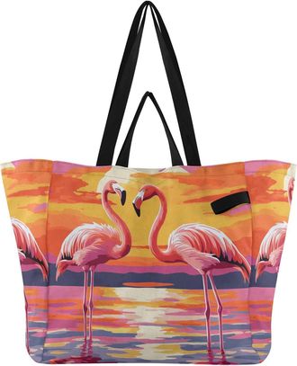 Generic Flamingo Sunset Orange pattern Reusable Canvas Tote Bag, Heavy Duty Grocery Shopping Bag with Double Handles Hard Bottom Large Capacity Work Groceries