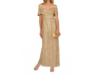 Adrianna Papell Off Shoulder Sequin Bead Column Gown In Gold
