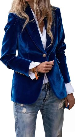 Generic Velvet Blazers for Women Button Long Sleeve Jacket Casual Lapel Open Front Cardigan Business Office Suit Jacket (Navy Blue,XXL)