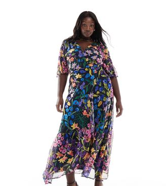 Hope & Ivy flutter sleeve maxi wrap dress with tie waist in purple multi