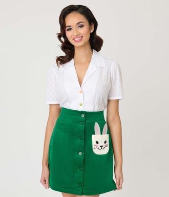 Unique Vintage 1940s Short Sleeve Collared Button Down Woven Blouse in White Jacquard at Nordstrom, Size Small