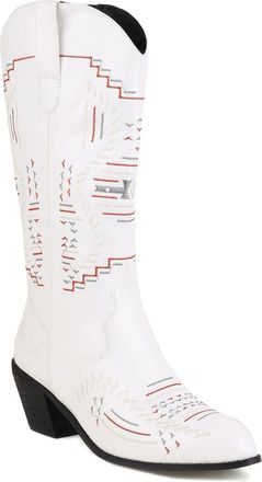 Generic Womens Round Toe PU Leather Long Boots Chunky High Heel Mid-Calf Boots Pull on Western Boot with Embroidery Stitched,White,7.5 UK