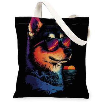 Generic Summer Husky Dog Canvas Tote Bag for Shopping 13x15, Cool Beach Coastal Puppy Reusable Grocery Print Pattern Bag for Women, Retro Pet Beach Aesthetic 