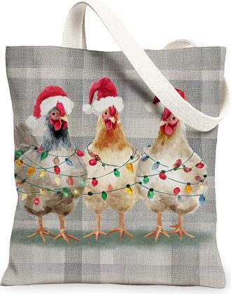 Generic Christmas Chicken Canvas Tote Bags, Festive Animal Design Reusable Grocery Bags, Vintage Linen Lightweight Washable Shoulde, Gray, 13x15 Inch