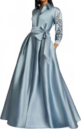 Teri Jon Taffeta Shirt Dress Gown With Eyelet Sleeve & Collar In Slate