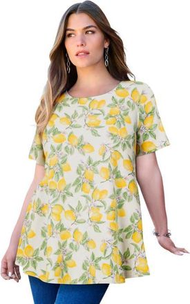 Roaman's Plus Size Ultimate Cotton Crewneck Short Sleeve Swing Tee in White Lemon Orchard at Nordstrom, Size Medium