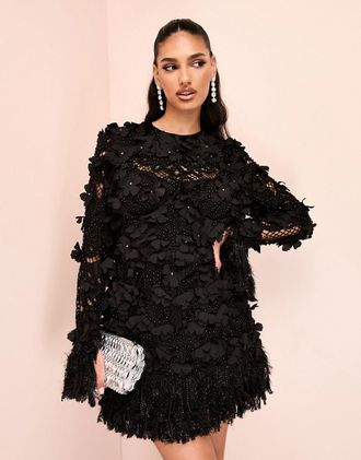 Asos 3D floral embellished broderie mini dress with faux feather trim in black-Multi
