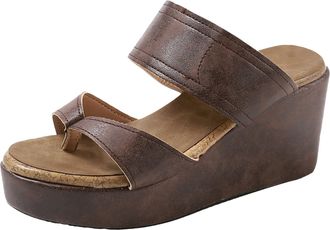 Generic Thick Soled Thong Toed Womens Outdoor Sandals Fashionable Leather Wedge Heeled Beach Casual Sandals Women Lightweight And Comfortable Summer Sandal (B