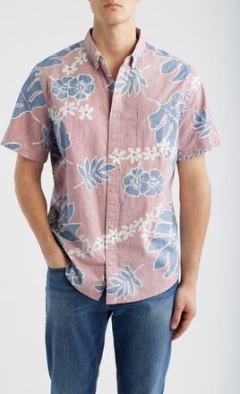 Reyn Spooner Old School Floral Short Sleeve Button-Down Cotton Sport Shirt in Vintage Red at Nordstrom, Size X-Large
