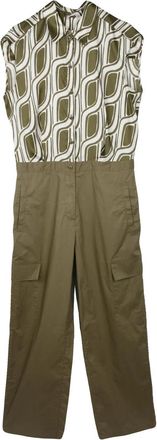 Liu Jo Olive Green Geometric Print Cotton Jumpsuit