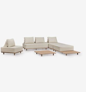 Sklum Conjunto De Sal&oacute;n Con Sof&aacute; Modular Chaise Longue De 3 Piezas, Mesa Auxiliar, Sill&oacute;n Y Mesa De Centro 95x95 Cm En Acacia Portet Sklum