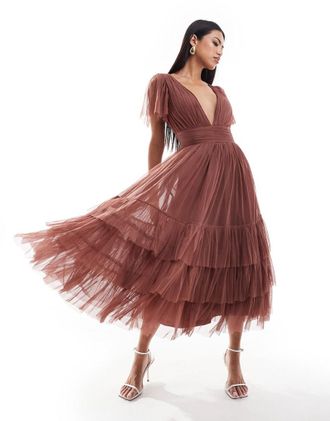 Lace & Beads Madison - Vestito midi in tulle marrone rosato con scollo a V