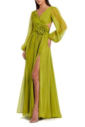 Mac Duggal Long Sleeve V Neck Chiffon Gown With 3D Flower in Apple Green at Nordstrom, Size 12