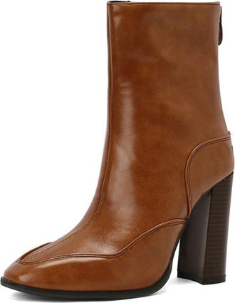 Generic Womens Square Toe Chunky Heel Short Boots Side Zip Faux Lether Booties,Brown,1.5 UK