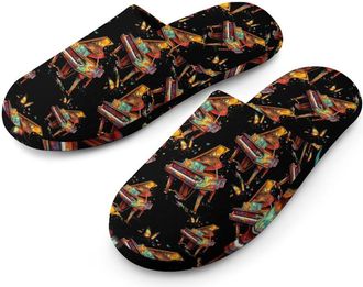 Generic Piano Butterfly Colorful Flannel Mens Slip-on Slippers Winter Warm House Shoes with Rubber Sole for Home Hotel