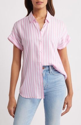 Beach Lunch Lounge Kenzie Stripe Short Sleeve Button-Up Shirt in Pink Flamingo at Nordstrom, Size X-Small