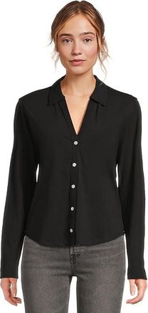 Lilla P Split Collar Button-Down Womens Clothing Black : MD, Cotton