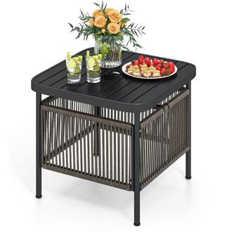 Costway Outdoor PE Rattan Side Table Patio End Table w/5CM Umbrella Hole-Black