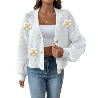 Generic Fall Open Front Cardigans Casual Cropped Sweater Cardigan Top Long Sleeve Loose Cardigan with Flowers Knit Cardigans White