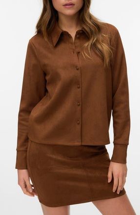 Vero Moda Kreta Faux Suede Button-Up Shirt in Emperador at Nordstrom, Size X-Small