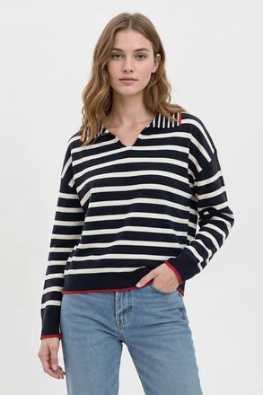 Central Park West Maisie Bright Striped Ls Polo in Navy Multi at Nordstrom, Size X-Small