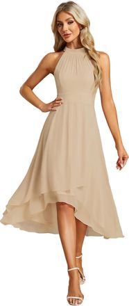 Ever-pretty Midi Halter Neck Chiffon Wedding Guest Dress with Sleeveless and A-Line Champagne 24UK