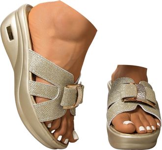 Generic Womens Thick Soled Wedge Heeled Sandals Fashion Dress Shoes Wedge Sandals For Women With Arch Support Outdoor Rhinestone Wedges Shoes (Gold, 3.5)