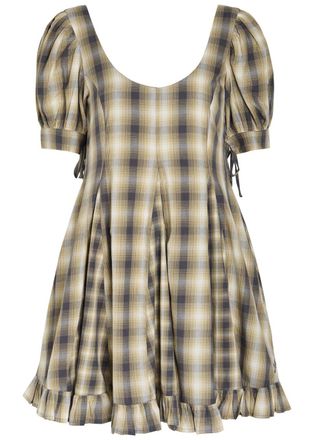 Damson Madder Sabina Checked Cotton Mini Godet Dress - Brown - 10 (UK10 / S)