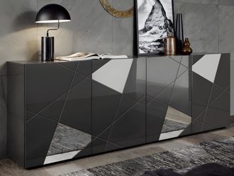 Vente-Unique Aparador Moderno De Cuatro Puertas Brillantes Gris Espejo Vittoria Gr L