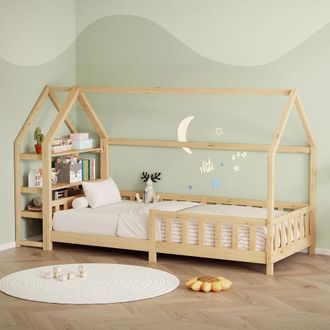 ML Design Ml-design Cama Infantil 90x200 Cm Natural, Con Protecci&oacute;n Antica&iacute;da, Estante, Techo Y Somier, Estructura De Madera Maciza De Pino, Lecho De Suelo Mont