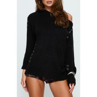 Princess Polly Esenia Eyelet One-Shoulder Sweater in Black /Silver at Nordstrom, Size 8