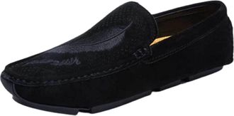 Generic Loafers for Men Genuine Leather Round Toe Leaf Embroidery Perforated Faux Fur Lined Option Lightweight Anti-Slip Flat Heel Flexible Casual Slip-on(Bla