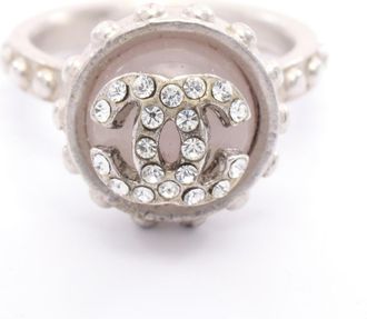 Chanel Silver Clear Pink Rhinestone Stainless Steel Band Ring (Pre-Owned)
