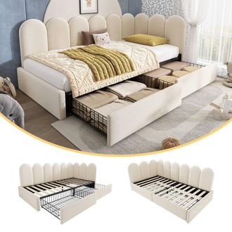 Matteo Beige Velvet Upholstered Single Daybed Sofa Bed with Storage Drawers