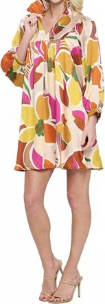 Adrienne High Ruffle Neck Silky Dress In Multi