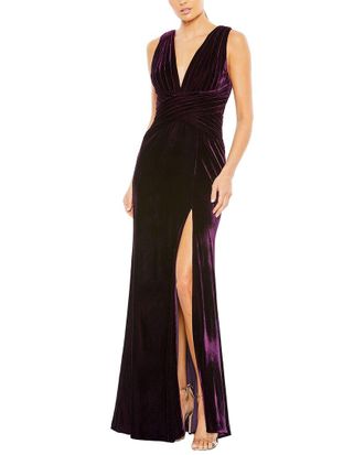 Mac Duggal Velvet Pleated Wrapping Sleeveless Jersey Gown
