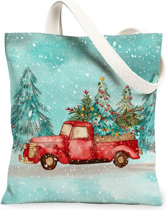 Generic Christmas Tree Canvas Tote Bags, Vintage Red Truck Design Reusable Grocery Bags, Winter Rustic Lightweight Washable Canvas, Red, 13x15 Inch