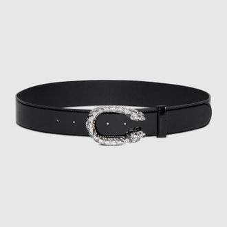 Gucci Wide Belt With Crystal Dionysus Buckle, Black, Leather