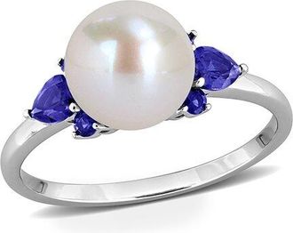 Rina Limor 14K 0.56 Ct. Tw. Lab-Grown Sapphire & 8-8.5Mm Pearl Floral Ring