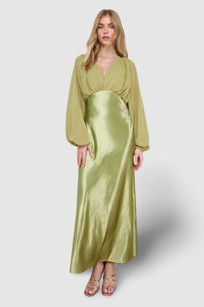 Oasis Satin Chiffon Mix V Neck Midaxi Dress in Olive at Nordstrom, Size 4