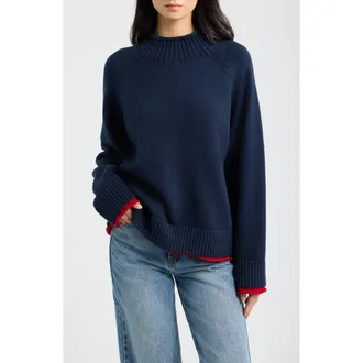 Rag & Bone Hazel Roll Neck Cotton & Wool Sweater in Navy at Nordstrom, Size Xx-Small