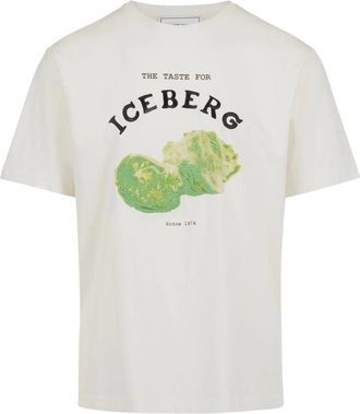 Iceberg Tops, Heren, Wit, M, Katoen, Regular-fit vanille katoenen T-shirt met Salade print en borduurwerk